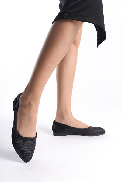 Limeo Shiny Wrinkled Fabric Black Low Sole Daily Women's Ballerina Shoes