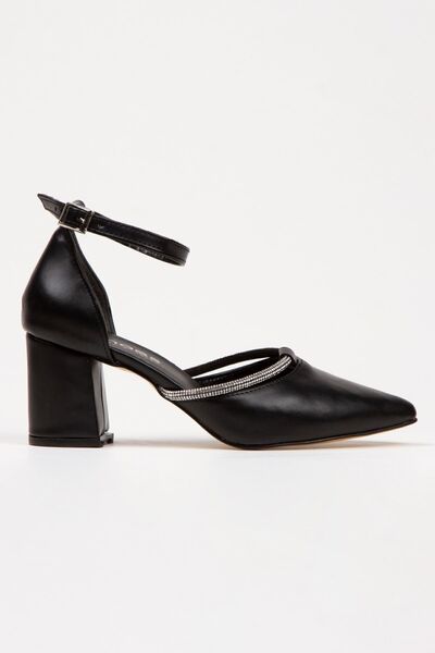 Limeo Pantofi de seară de damă din piele neagră, cu bijuterii, cu bretele la gleznă, cu toc scurt