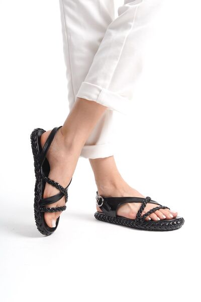 Limeo Shiny Black Women's Sandals - Comfortable Low Sole, Double Twist Pattern and Stripe Detailed Summer Slippers