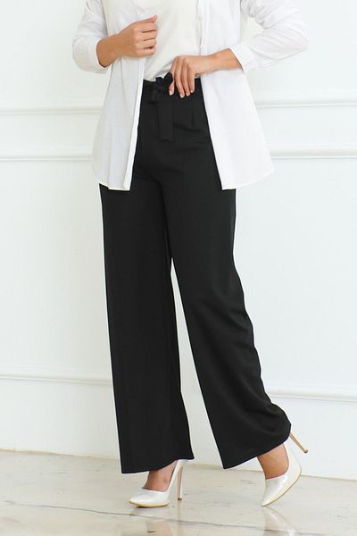 Eliva Black Hijab Trousers - Wide Leg and Belt Detail