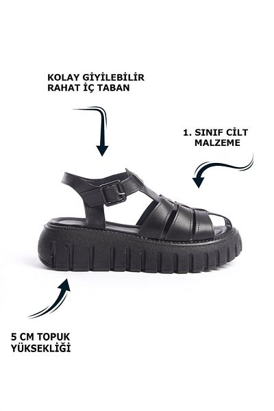 Limeo Black High Sole Three-Stripe Closed-Front Buckle Women's Summer Sandals
