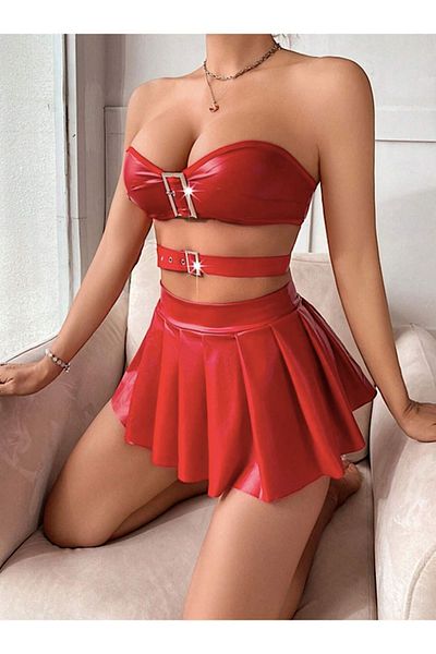 randevu 3-Piece Pleated Skirt and Leather Bustier Set - Belted