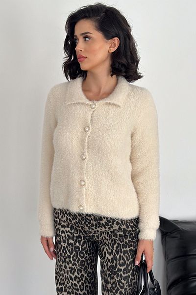 FEMELLE Cardigan de tricotaj crem cu gât polo - cu barbă, mărime standard, detaliu nasturi
