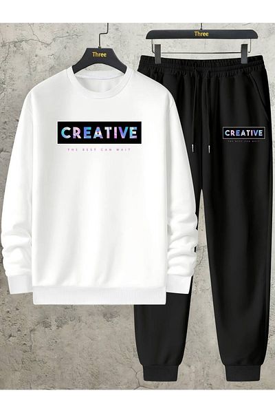 PALPİTO Λευκό Creative Printed Unisex Oversize Jogger Σετ - Crew Neck