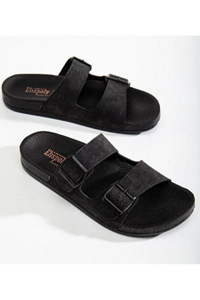 ElisPoly Men's Black Slippers - 2 Buckle Belt