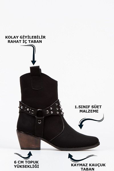 Limeo Cizme de cowboy scurte pentru femei cu toc negru cu detaliu metalic lucrate manual