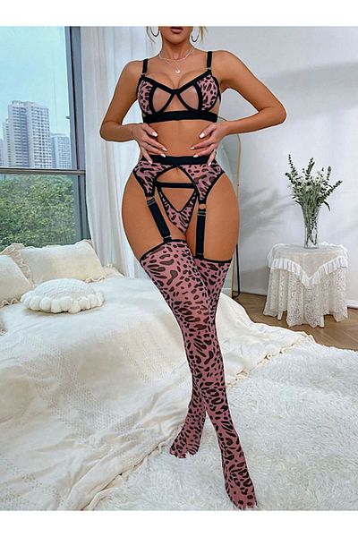 my cherie Σέξι νυχτικό σετ με κάλτσες με στάμπα λεοπάρ
