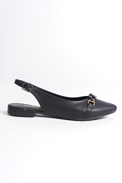 Limeo Black Low Heeled Summer Casual Women's Flats with Chain Detail on the Front