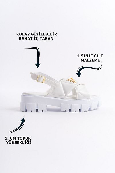 Limeo Bílá přezka s vysokou měkkou podrážkou se zlatým logem V s detailním nápisem Puff letní dámské sandály