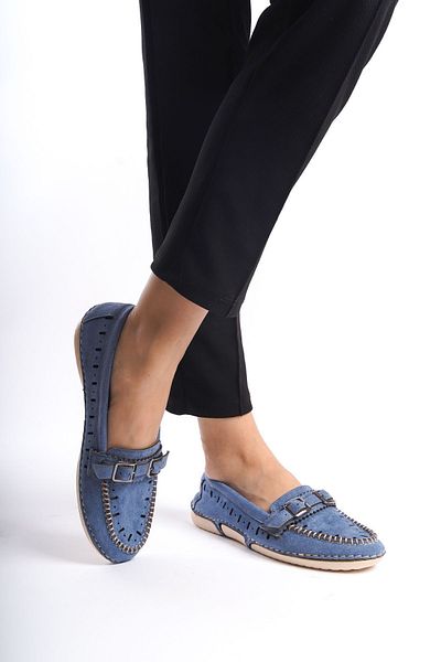 Limeo Blue Perforated Suede Front Metal Buckle Detailed Comfortable Soft Casual Loafer Moccasin Women's Shoes