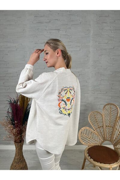 DUAZ Beige Linen Kimono - 100% Cotton, Colorful Cuff, Back Embroidered Raglan Sleeve