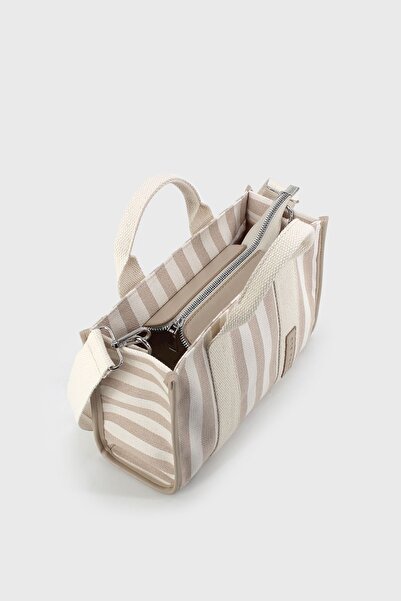 LUNABLU Kadın Vizon Çizgili Keten Orta Boy Çapraz Askılı El Ve Omuz Çantası