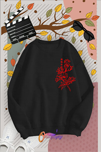 oneagılyazı guler rotund bucăți Red Flower cu imprimeu Swea tricou