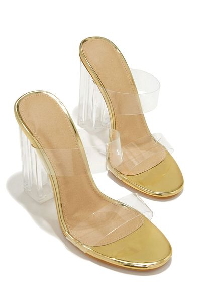 TrendyAnka Femei Aur Auriu Transparent 10 Cm Transparent Toc Patrat Varf Rotund Pantofi Stiletto Sandale Papuci