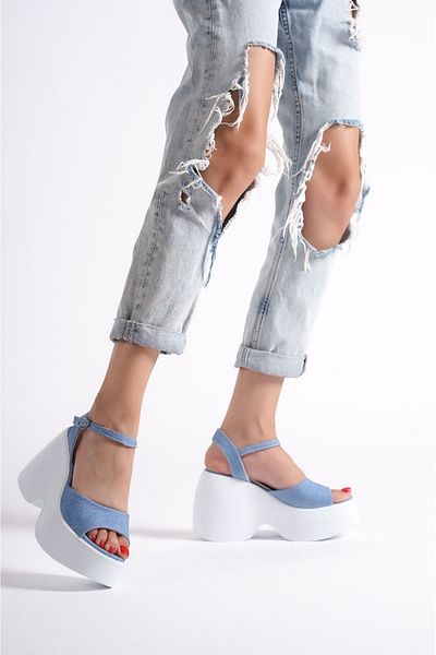 Limeo Denim albastru, talpă înaltă, cataramă laterală, cu o singură dungi, piele deschisă în față, sandale de vară pentru femei