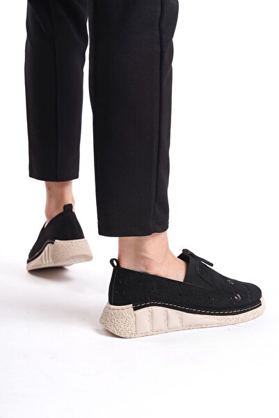 Limeo Black Suede Hole Detailed High Sole Daily Women's Casual Sports Shoes