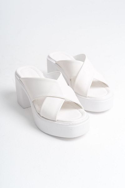 Limeo White Women's Wedge Sole Slippers with High Side Buckle and Cross Strips