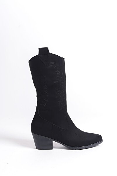 Limeo Ručně vyráběné semišové dámské kovbojské boty na zip na černém podpatku s výšivkou