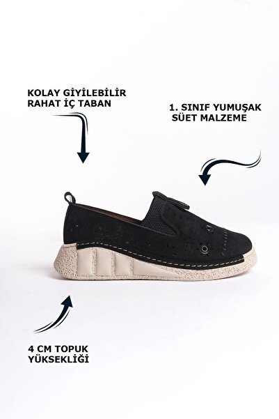 Limeo Black Suede Hole Detailed High Sole Daily Women's Casual Sports Shoes