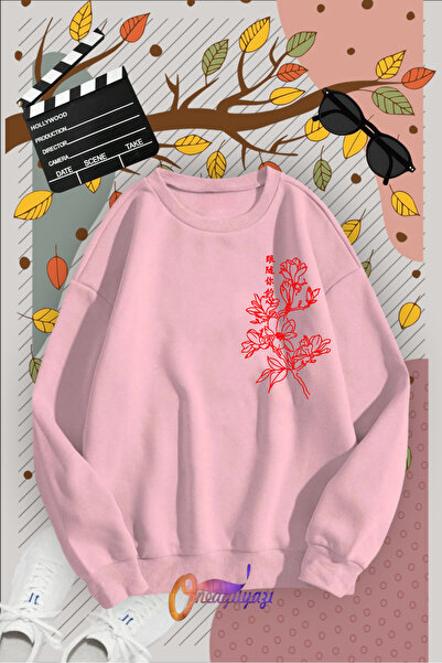 oneagılyazı Φούτερ Κόκκινο Λουλούδι με τύπωμα με Λαιμόκοψη Ποδηλάτου