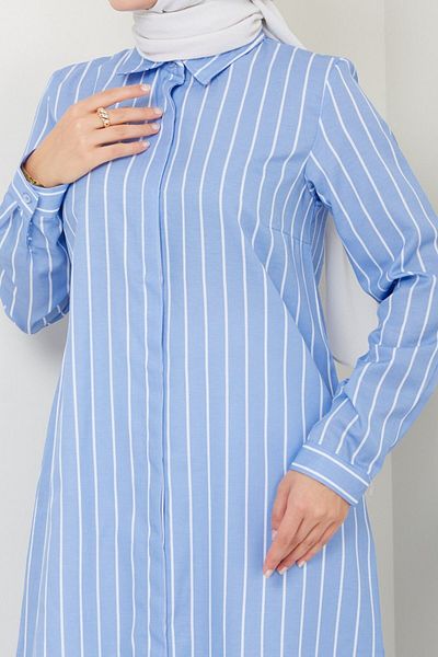 Eliva Baby Blue and White Striped Women's Tunic - Long Sleeve and Collar Button