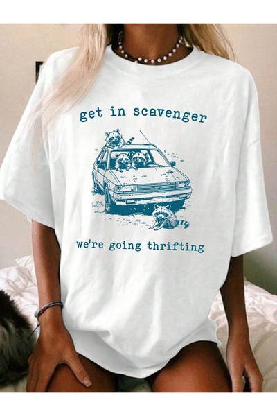 Jose Clothing تي شيرت قطني أبيض كبير الحجم - رقبة دائرية، كم قصير، مطبوع