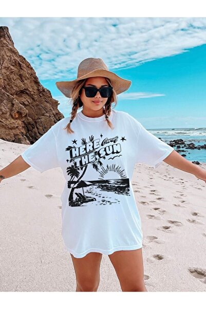 Jose Clothing تي شيرت قطني أبيض كبير الحجم - رقبة دائرية، كم قصير، مطبوع