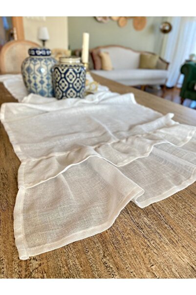 Hayalperest Runner Çift Volanlı Keten Tül