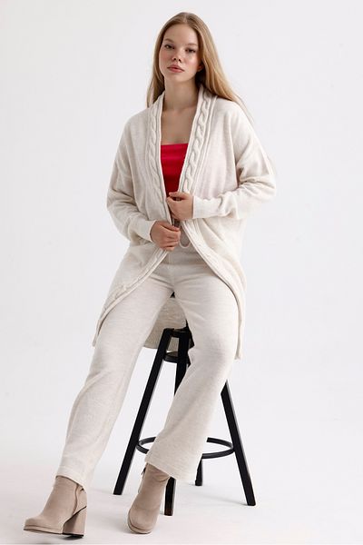 MD trend Long Oversize Women's Knitwear Set - Knitted Detailed Cardigan and Trousers