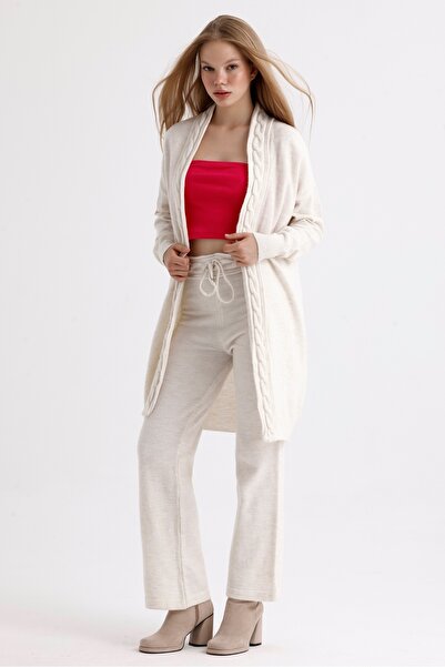 MD trend Long Oversize Women's Knitwear Set - Knitted Detailed Cardigan and Trousers