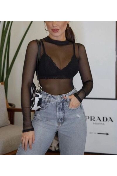 my cherie Tulle See-Through Bottom Snap One-Piece Sexy Bodysuit