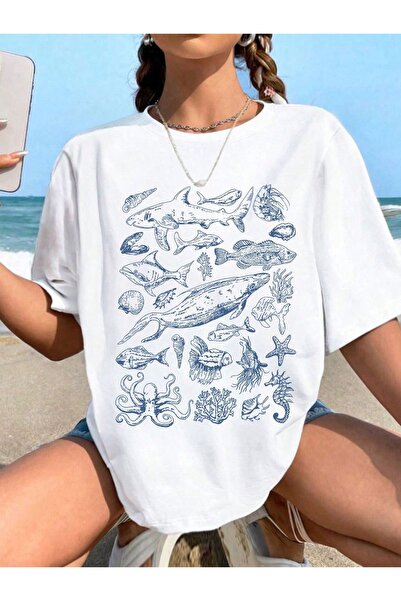 Jose Clothing تي شيرت قطني أبيض كبير الحجم - رقبة دائرية، كم قصير، مطبوع