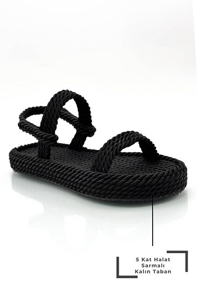 sermoda Sandale de damă cu frânghie înfășurată în cinci straturi Sandale de vară negre