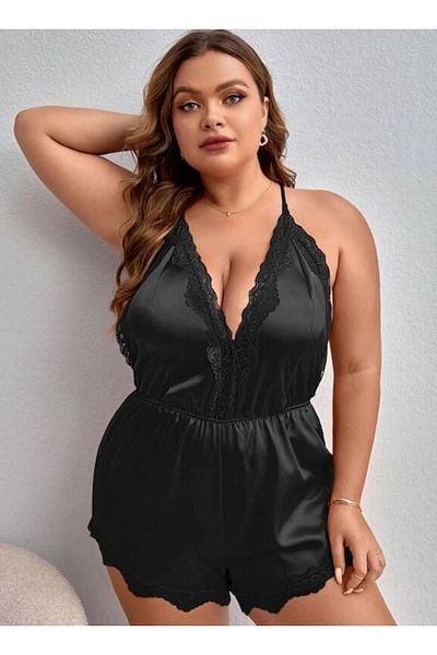 my cherie Plus Size Lace Detail Satin Jumpsuit Fancy Nightgown