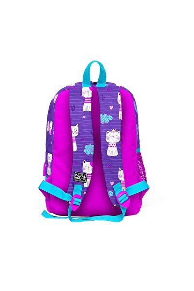 Coral High Kids Mor Pembe Kedi Desenli Dört Bölmeli Usb'li Okul Sırt Çantası 23264