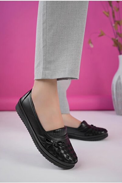 SAFİR Kadın Klasik Rahat Ortopedik Desenli Günlük Siyah Ayakkabı Anne Ayakkabı Babet Ayakkabı