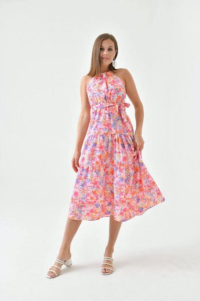 S&A Collectionn Rochie florală pentru femei, cu șnur, cu șnur, cu talie elastică, lungime mijlocie, până la genunchi
