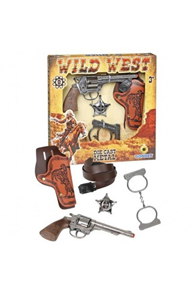 PopŞeker Gonher Metal Mantar Patlatan Kovboy Silahı Seti Rozeti, Kemeri, Kelepçesi ve Kılıfı Komple Set