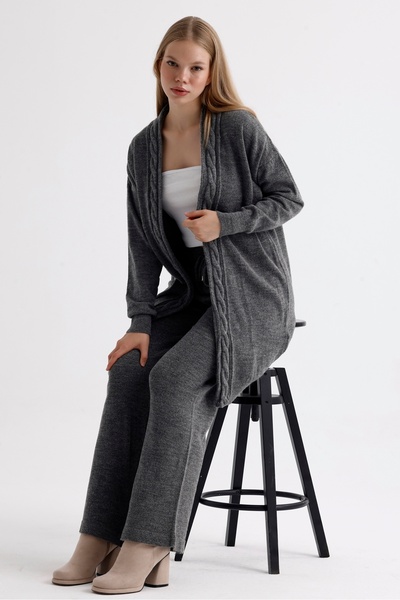 MD trend Long Oversize Women's Knitwear Set - Knitted Detailed Cardigan and Trousers