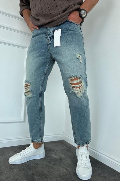 MADZEYMODA Μπλε ανδρικό τζιν τζιν με σκισμένη λεπτομέρεια - New Season BoyFriend Mold