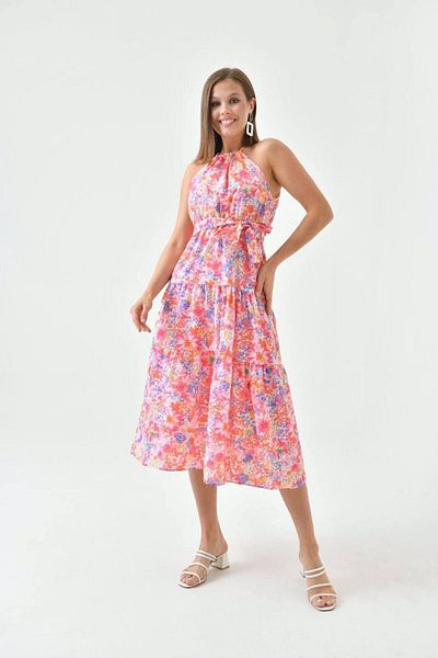 S&A Collectionn Rochie florală pentru femei, cu șnur, cu șnur, cu talie elastică, lungime mijlocie, până la genunchi