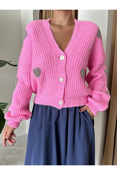 Laluvia Grauer Candy Pink Heart Strick-Cardigan – 4422