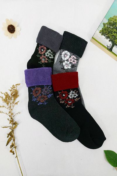 Meguca Socks Дамски зимни екстра меки хавлиени ботуши с флорални мотиви Комплект чорапи 4 чифта