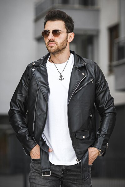 Oksit Чоловіча приталена шкіряна куртка Castries з бічною блискавкою та поясом