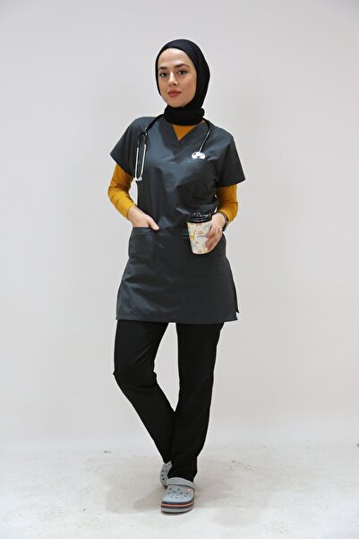 Limitless Anthracite Grey Smoked Hijab Nurse Uniform - Tunic Length, Single Top, 85 cm Skirt