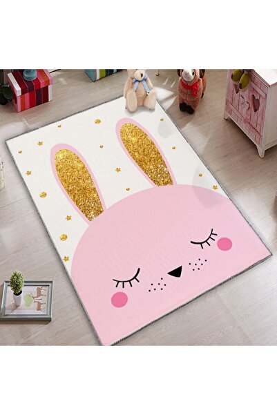 Mondblack Beyaz Tavşan Desenli Modern Kaymaz Taban Çocuk Odası Halısı