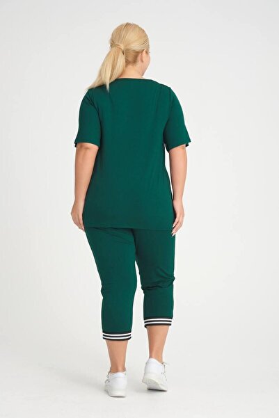 garajmood Plus Size Emerald V-Neck and Stripe Detailed Pocketed Tights-Blouse Set