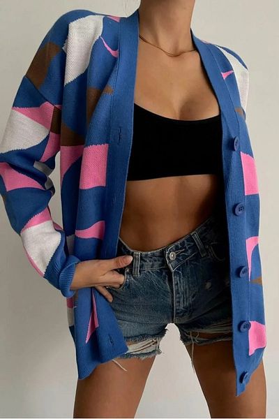vuvutasarım Cardigan de tricotaj pentru femei cu mânecă lungă cu imprimeu geometric - Detaliu cu nasturi, noul sezon 0182