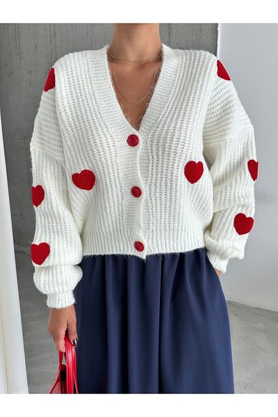 Laluvia Ecru Red Heart Knitwear Cardigan-4422