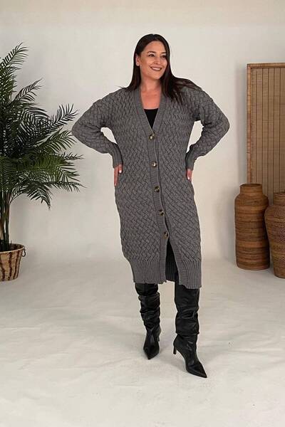 Hanezza Kadın Büyük Beden Hırka | Antrasit | Sepet Örgü Dokulu | Sıcak Tutacak Örme Triko